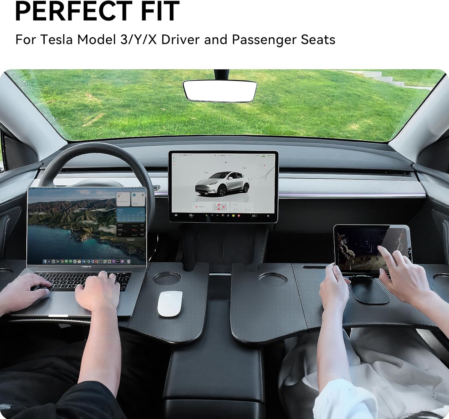 Tesstudio Foldable Desk Food Tray (Carbon Edition) for Tesla Model Y/3/S/X- Upgraded Table with Support Leg for Dining, in-Car Work, Travel and Outdoor