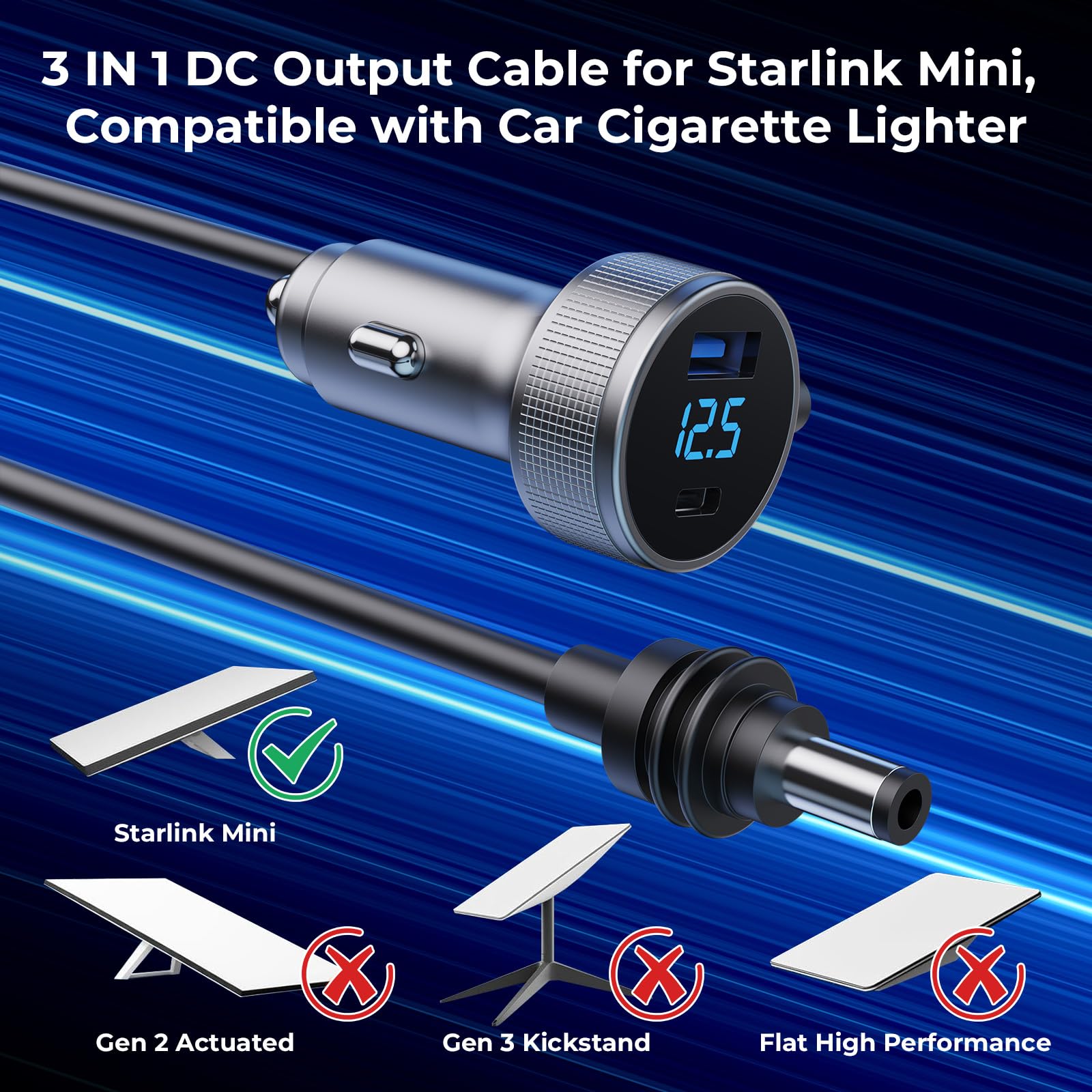 3 in 1 Starlink Mini Cable Car Charger DC Power Cable/Cigarette Lighter Adapter