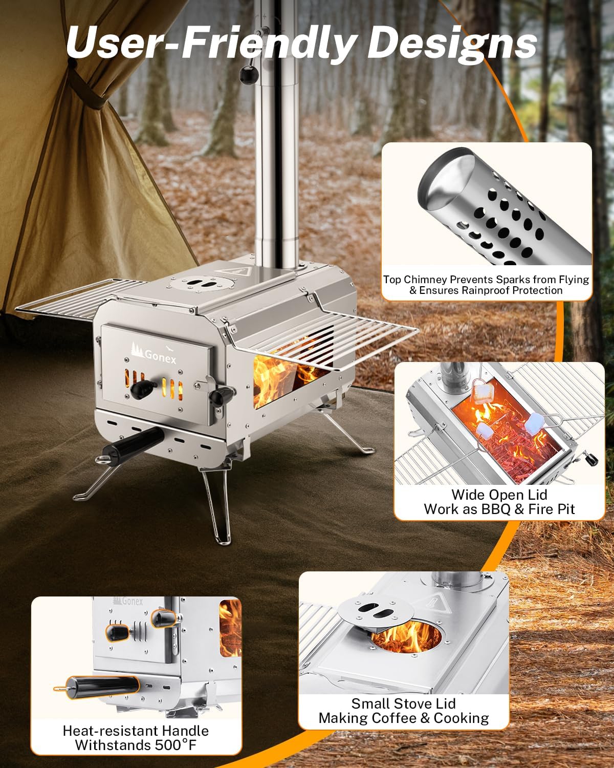 Portable Wood Burning Camping Stove with Ash Drawer & Large Firebox for Tent, Outdoor, Heating, Cooking, Ice Fishing