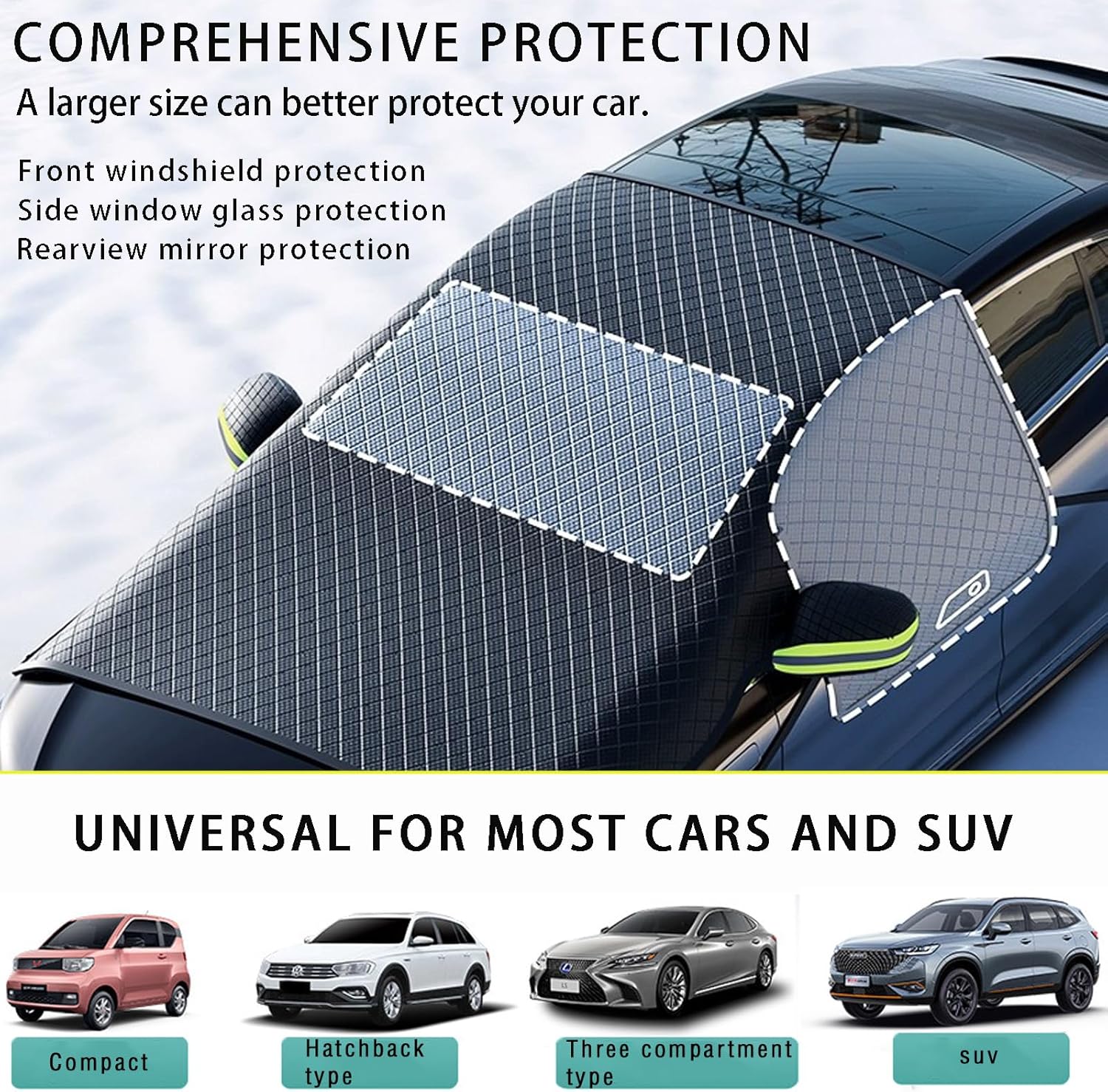 Windshield Snow Cover for Winter — Magnetic Ice & Frost Cover with Side Window & Mirror Protector, Large Car Windshield Shield for Sedans, SUVs, Trucks
