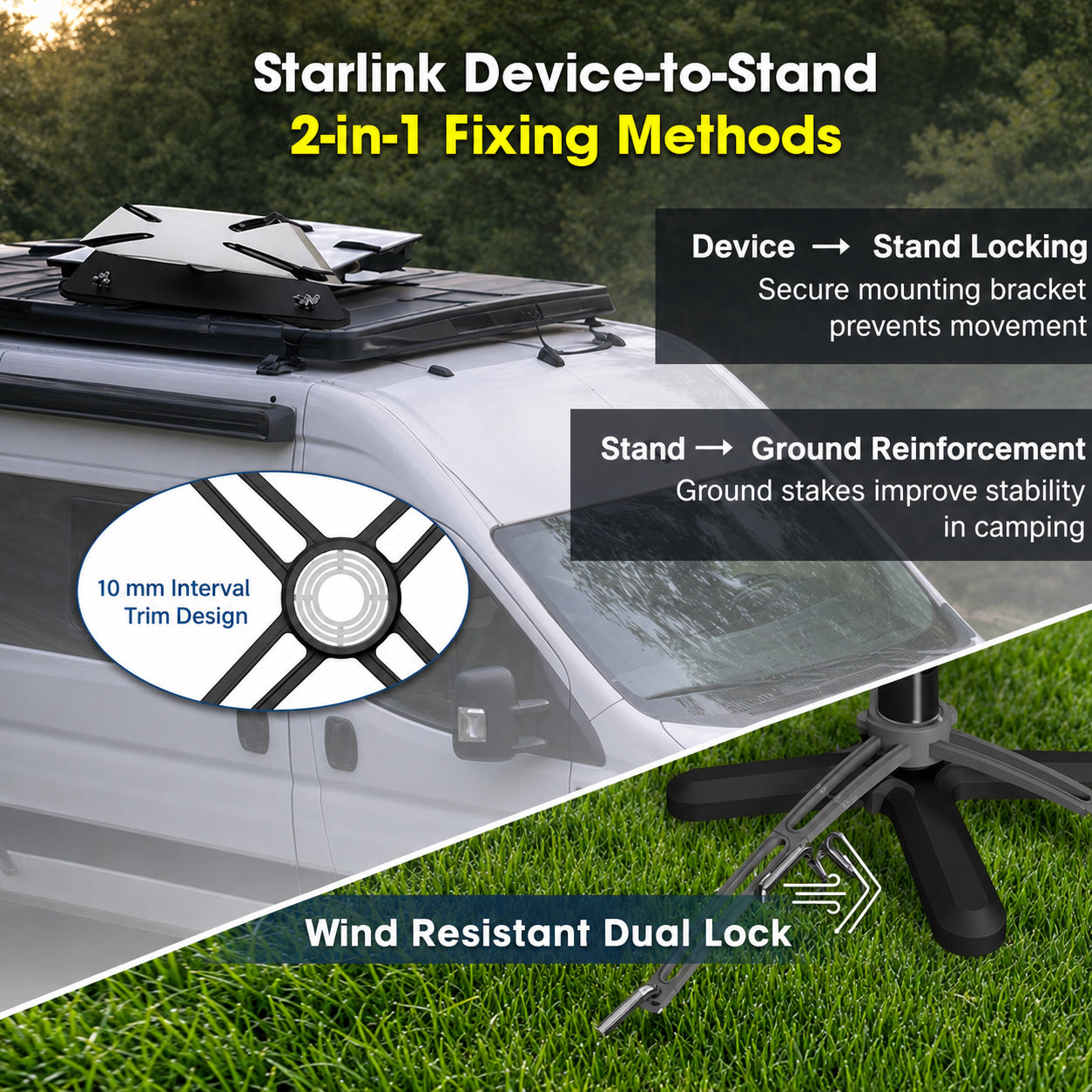 Starlink Mini and Gen 3 securing strap with device-to-stand locking and ground stake reinforcement options