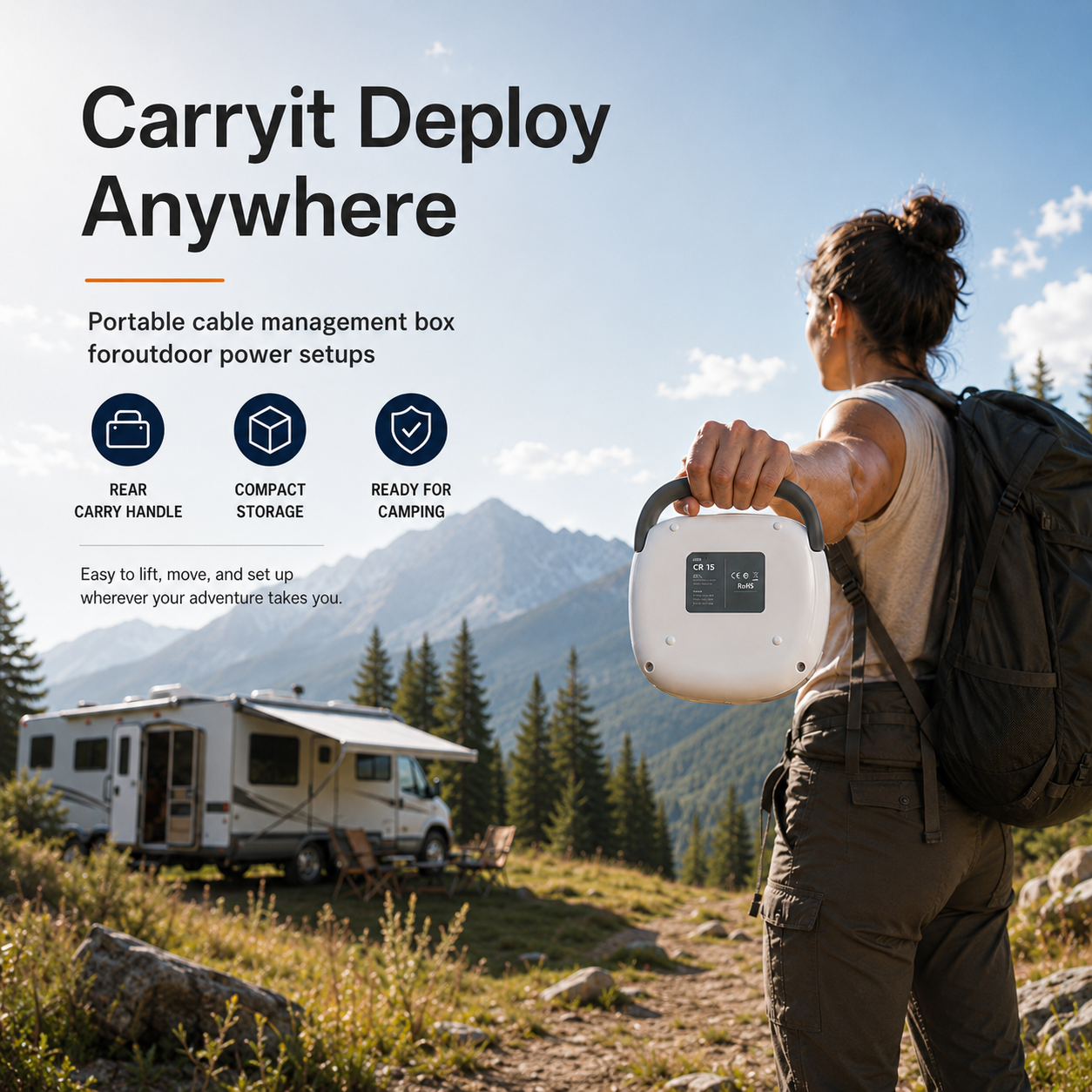 Portable Starlink Mini cable management box with rear carry handle for camping and outdoor power setups
