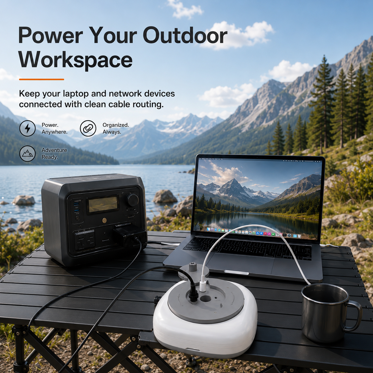 Portable cable reel organizer powering an outdoor workspace with clean routing for laptop and network devices