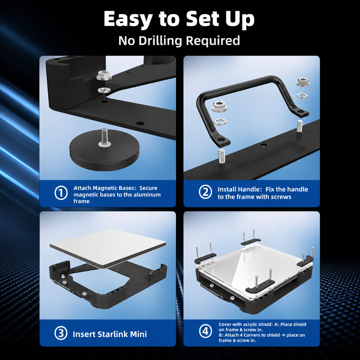 No-drill Starlink Mini magnetic roof mount installation with magnetic bases handle and acrylic shield