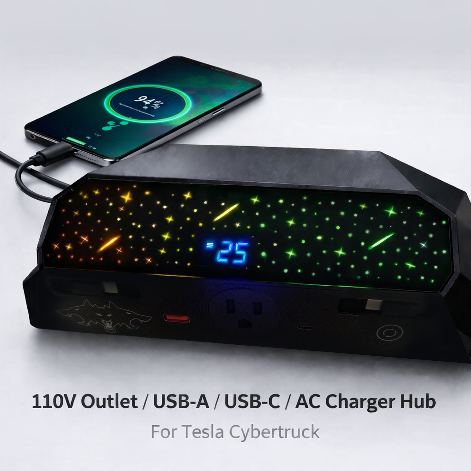 Center console USB Charger Hub 2.0 for Tesla Cybetruck with 110V AC Outlet & Retractable Cables - Seamless Integration, 30W PD/QC3.0 Fast Phone Charge