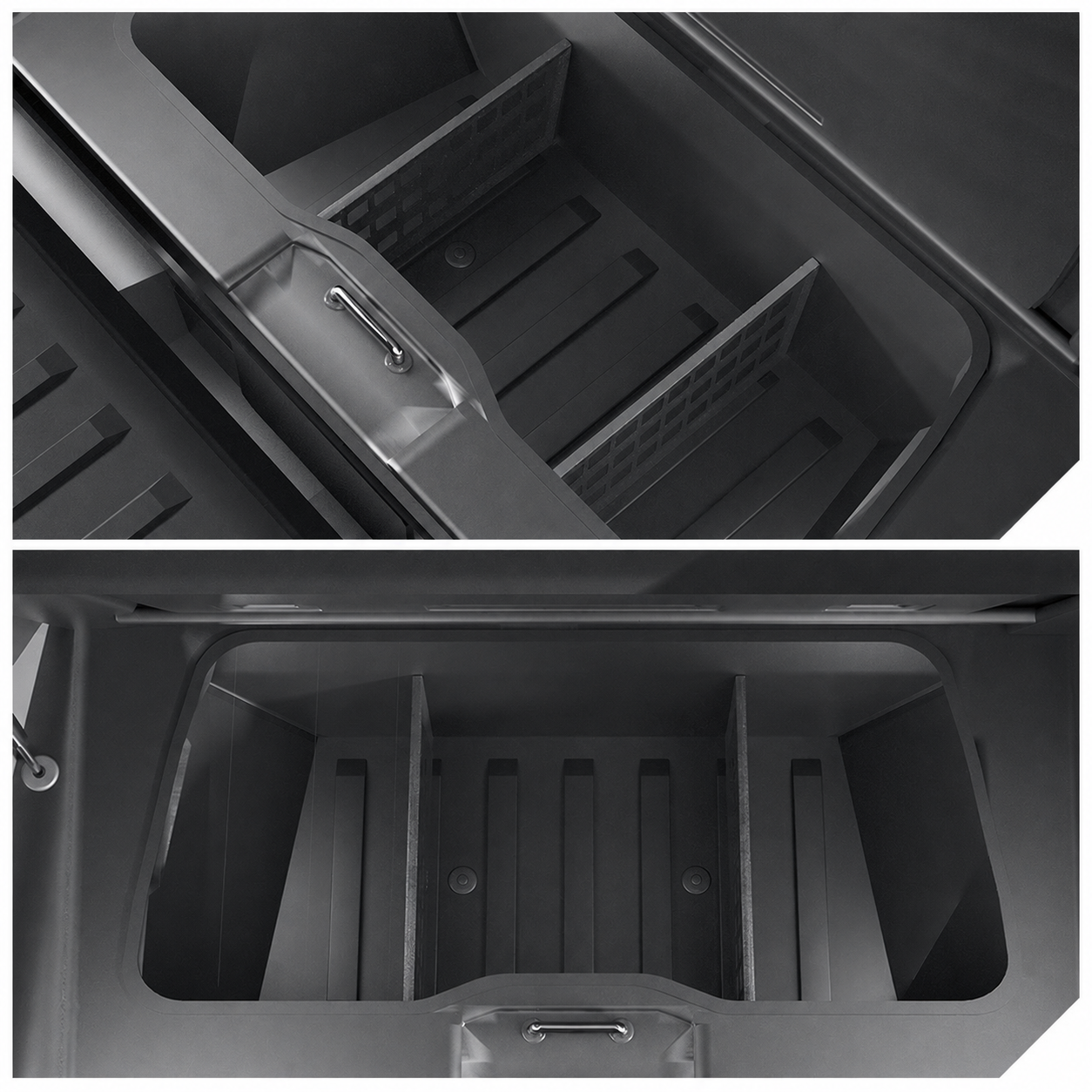 Two ABS storage divider panels installed in the Cybertruck under-bed vault organizer area