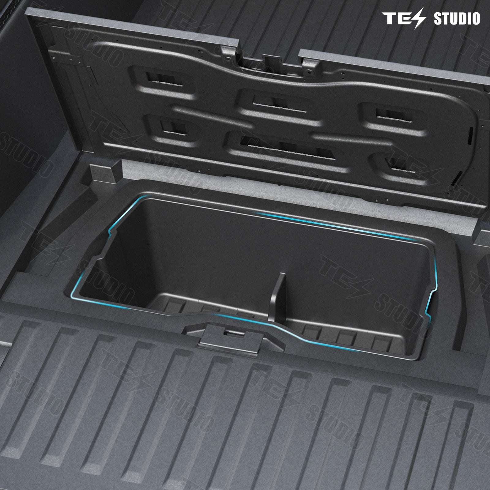 Cybertruck Rear Underseat Storage Tool Box Under Trunk Floor Mat 
Dividers Transport Organizer Cargo Organizational System Tesstudio®
