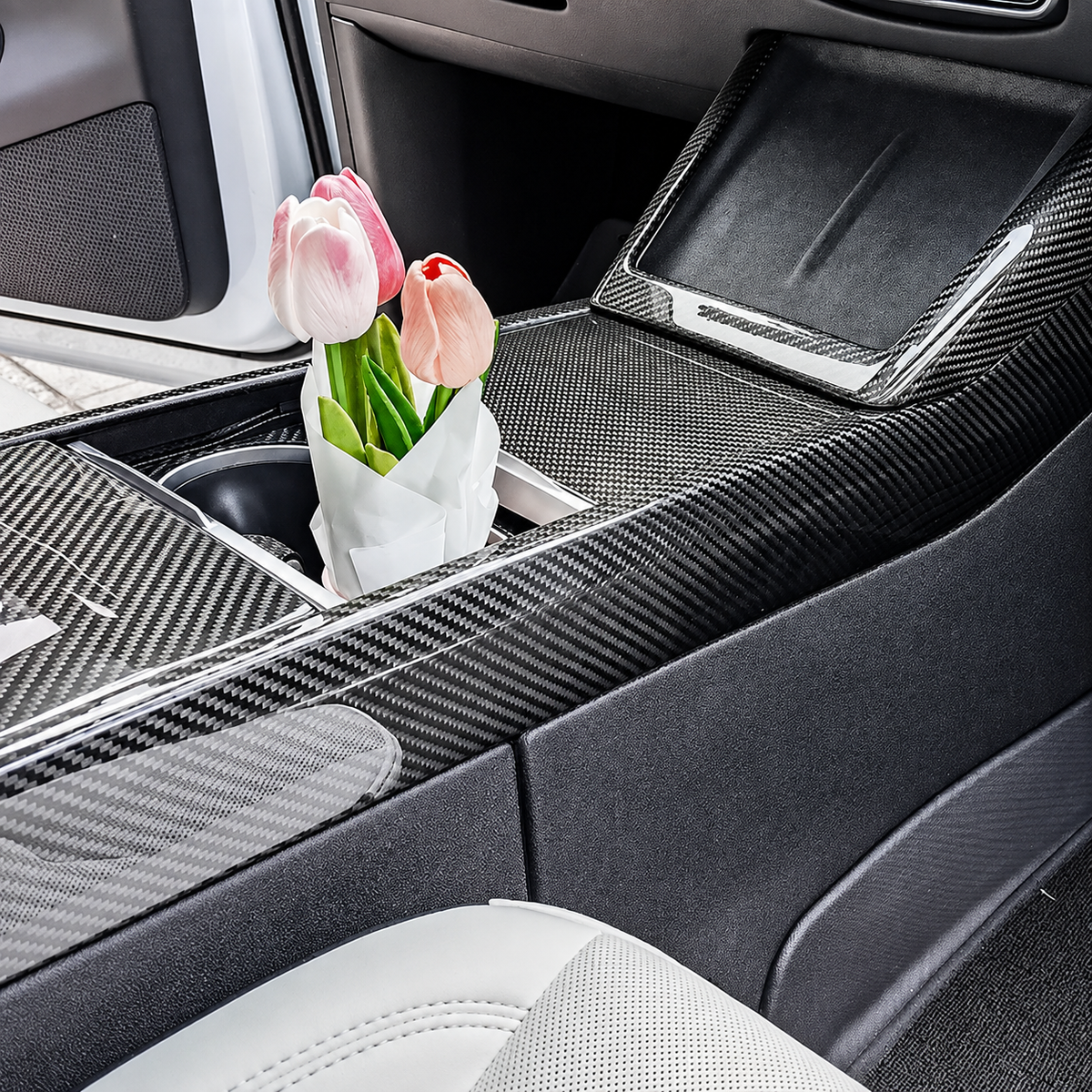 Carbon Fiber Center Console One-Piece Trim Frame for Tesla Model 3 Highland / Model Y Juniper / Model Y L