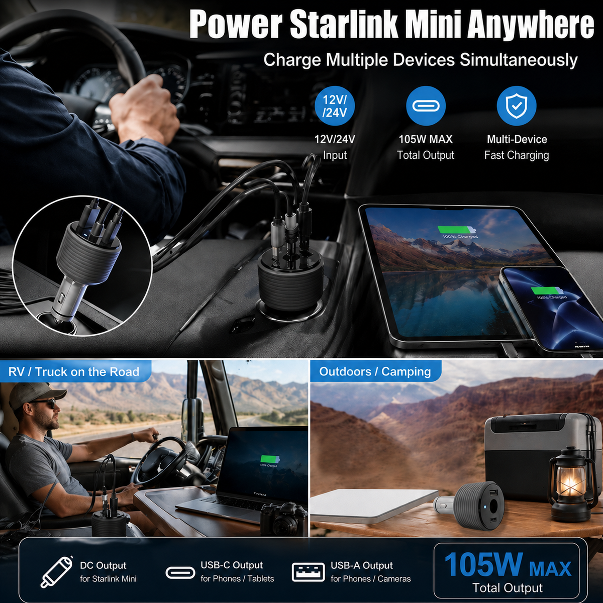 Starlink Mini car charger powering multiple devices while driving