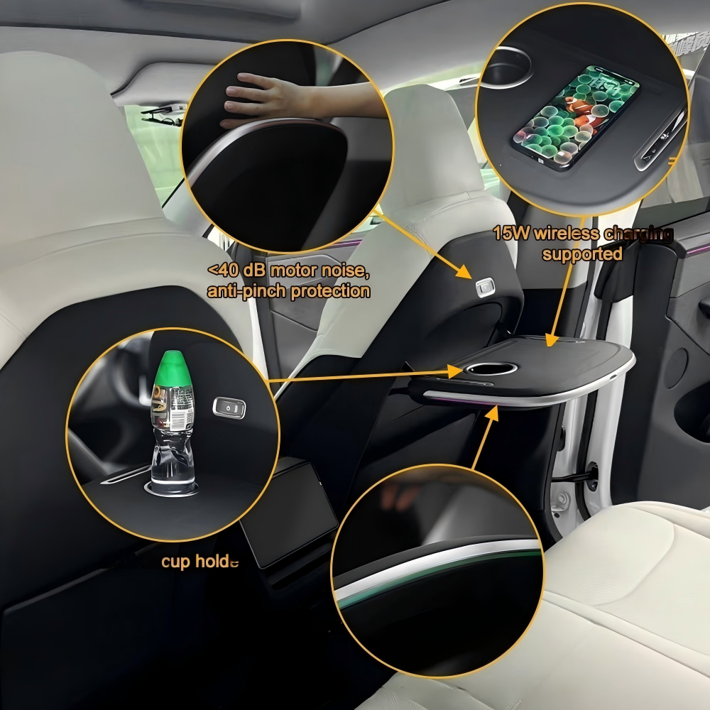 Tesla Electric & Manual Folding Tray Table with Wireless Charger and Ambient Lighting for Model Y / Y Juniper / 3 Highland