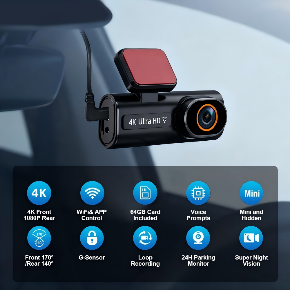 4K Front/1080P Rear Dash Cam with 1.97 Inch Screen for Model 3 Highland /Y Juniper/3/Y/S/X