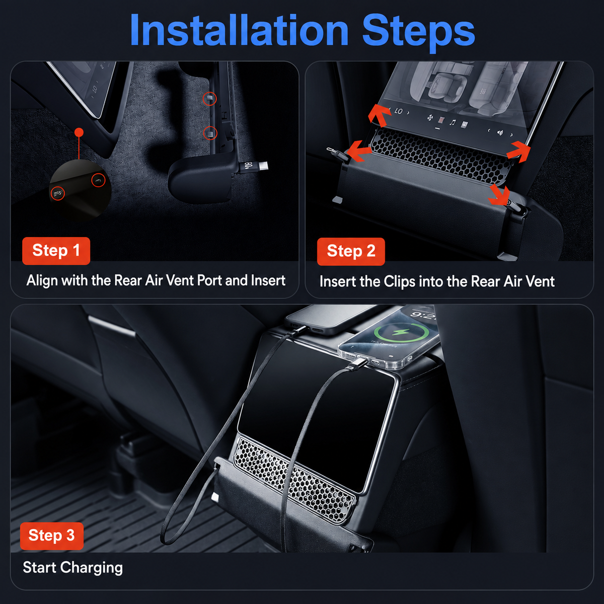 Rear Air Vent Retractable Cable Charging Dock with Aroma Diffuser for Tesla Model Y L 2025.11+