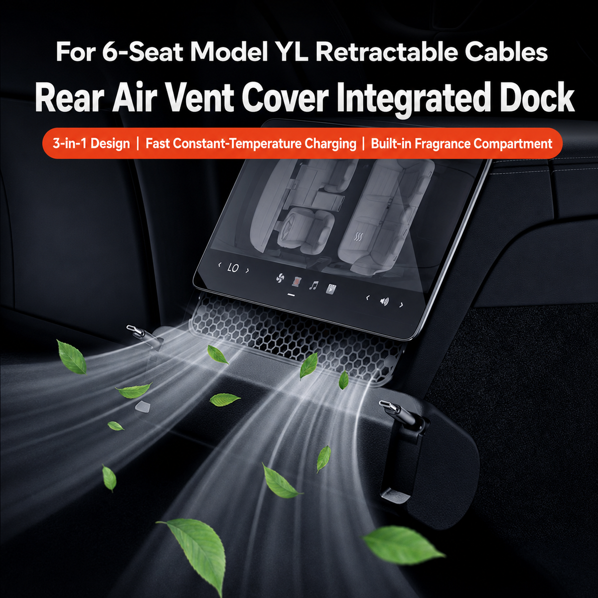 Rear Air Vent Retractable Cable Charging Dock with Aroma Diffuser for Tesla Model Y L 2025.11+