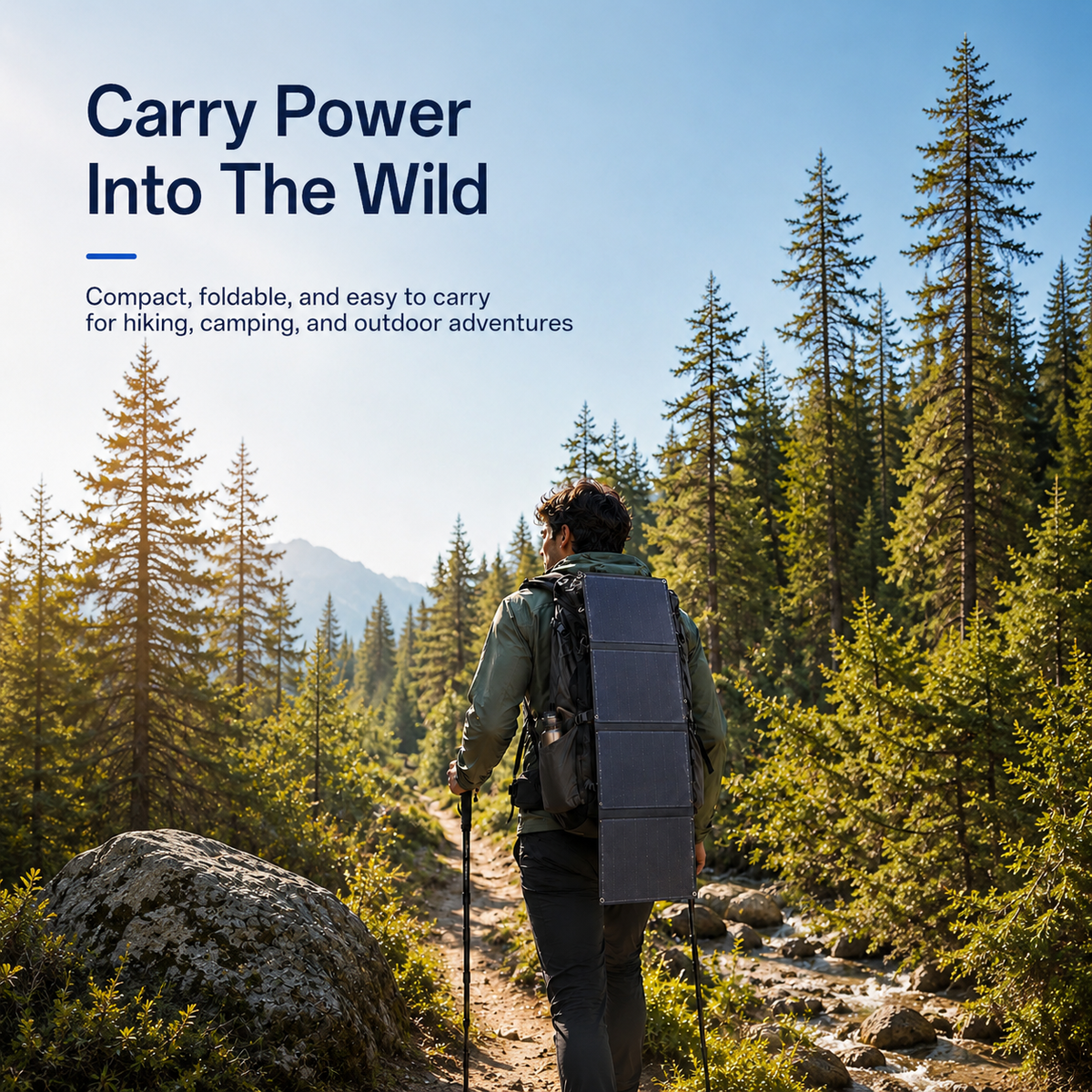 Portable foldable solar panel carried on a hiking backpack