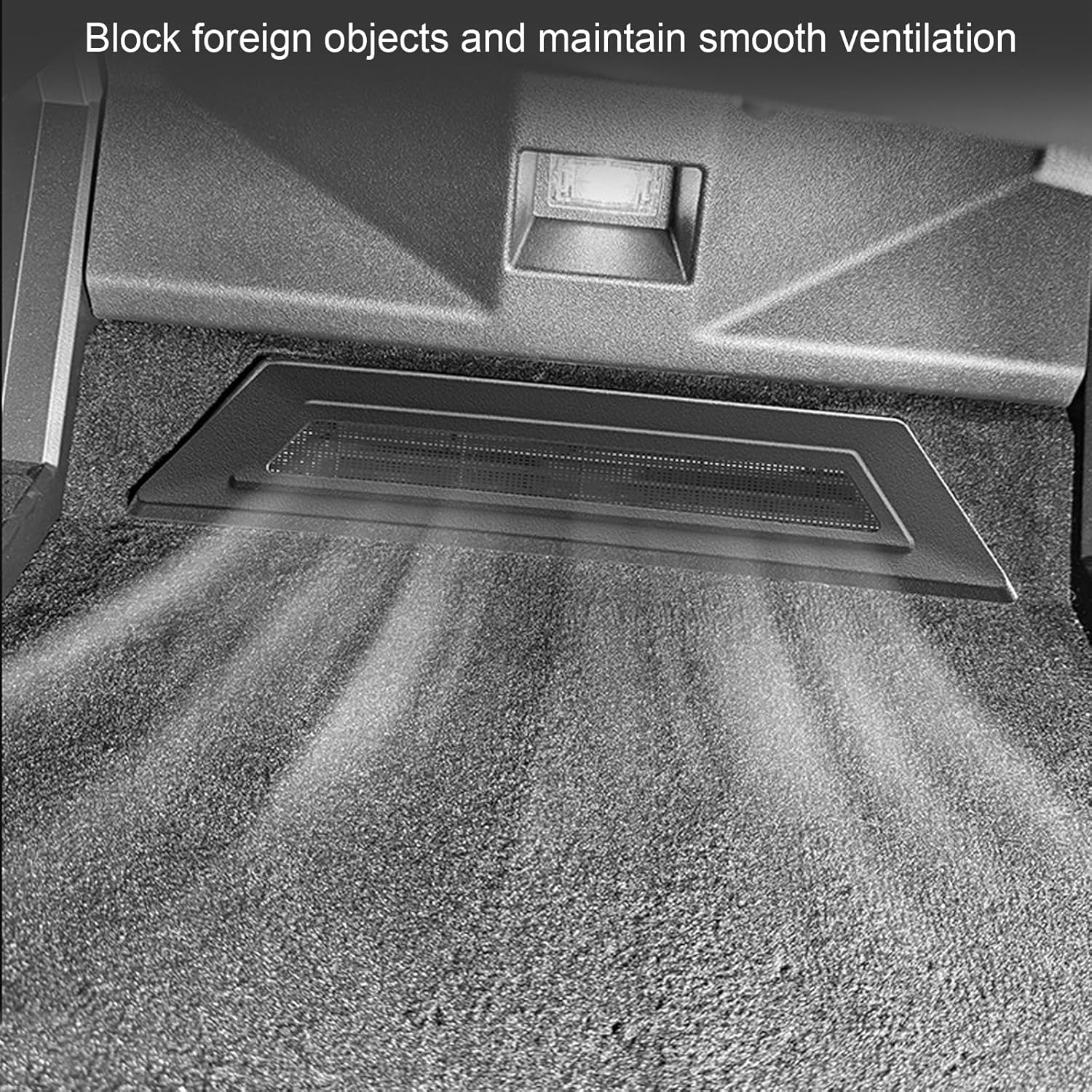 Cybertruck rear under-seat air vent protector blocking debris while maintaining airflow