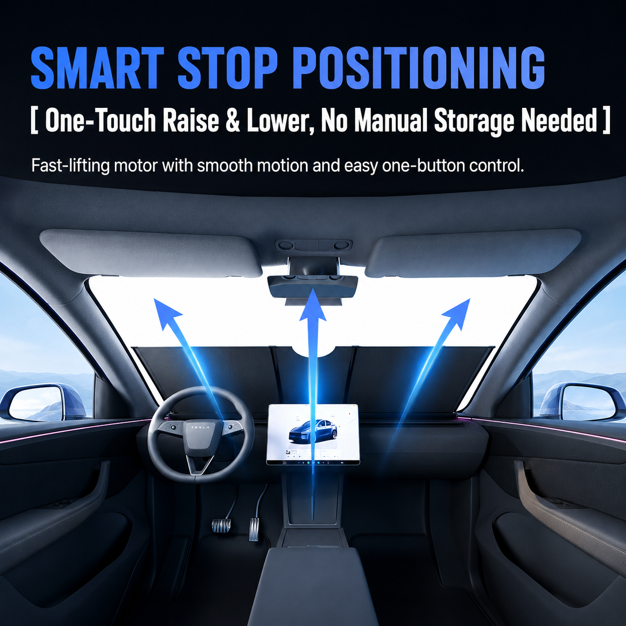 One-touch raise and lower Tesla automatic windshield sunshade