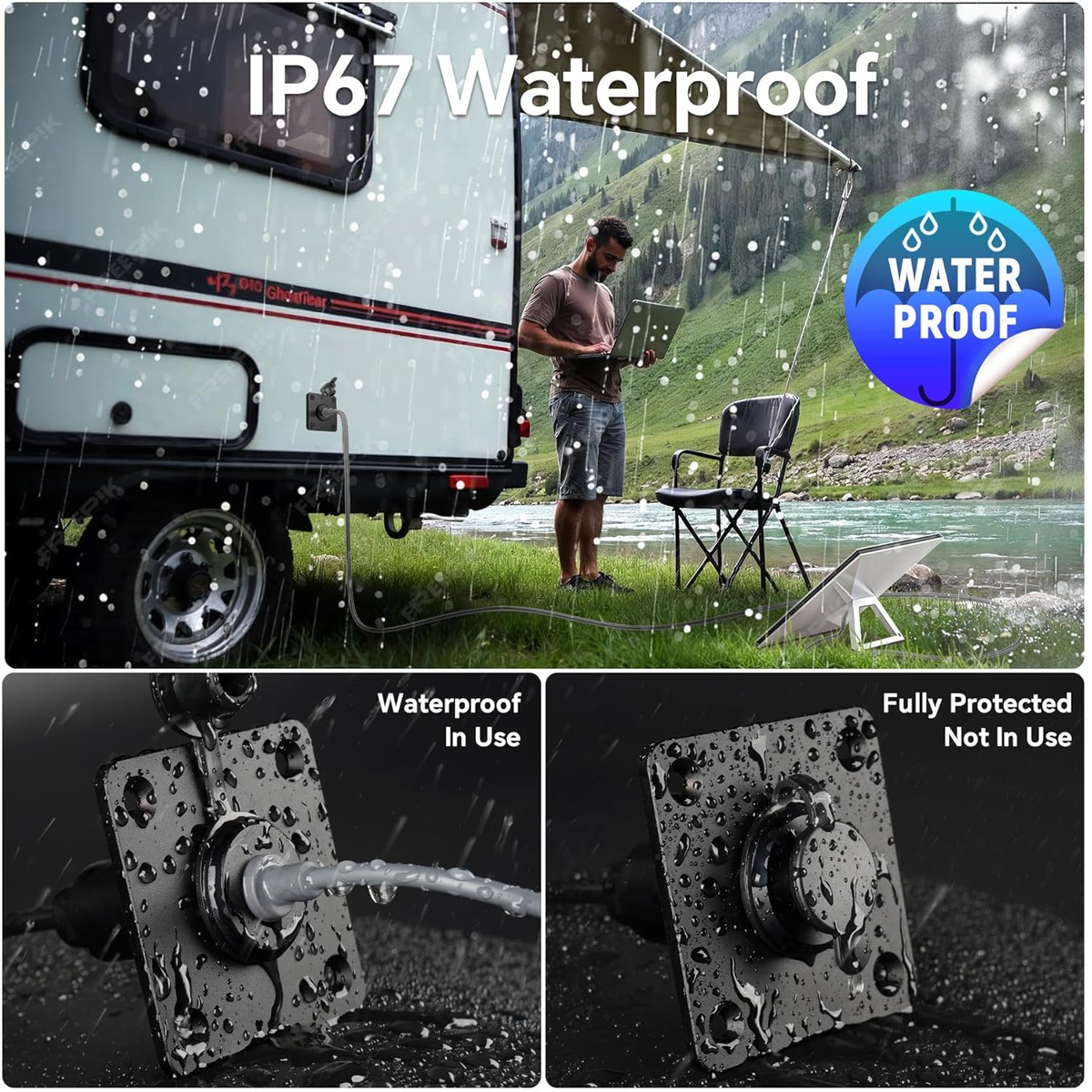 IP67 water-resistant Starlink Mini cable routing panel with sealed cap for outdoor RV use
