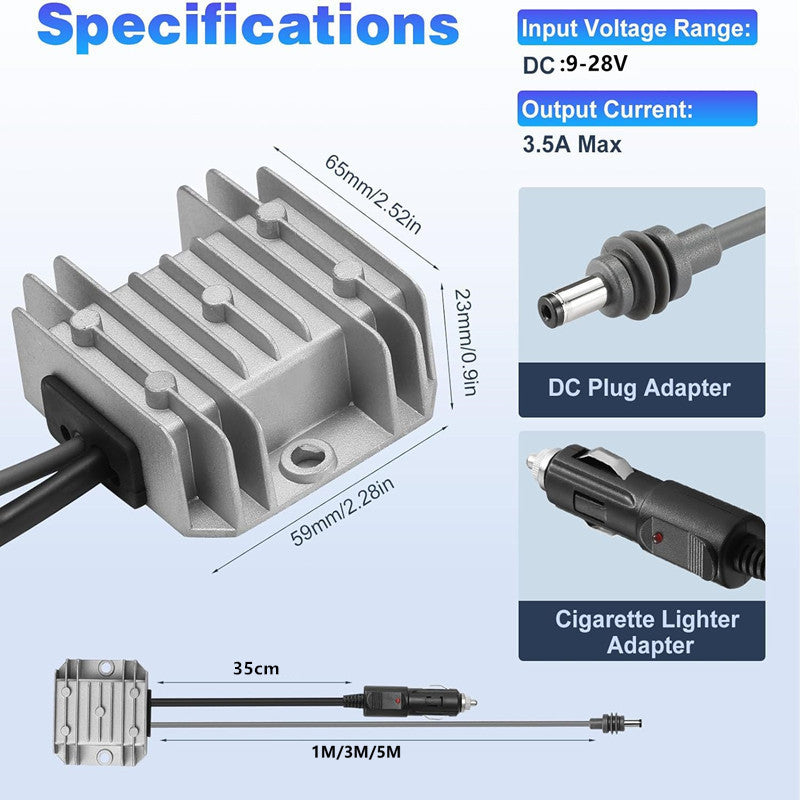 Starlink Mini car socket converter dimensions and 9 to 28V input specifications