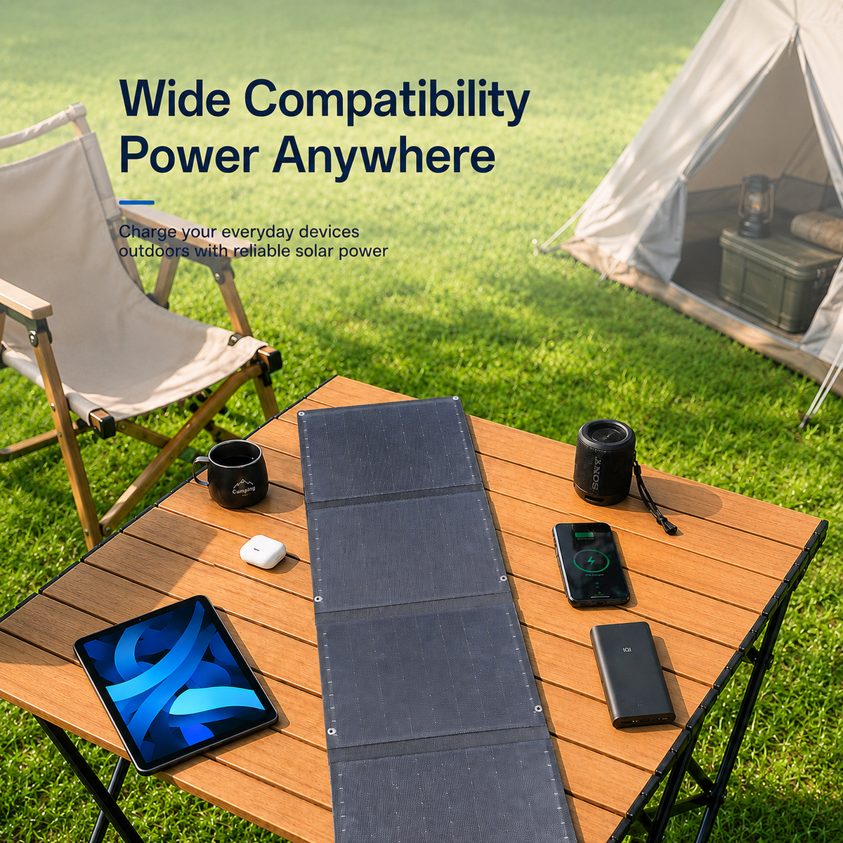 40W portable solar panel powering phone tablet battery and outdoor devices