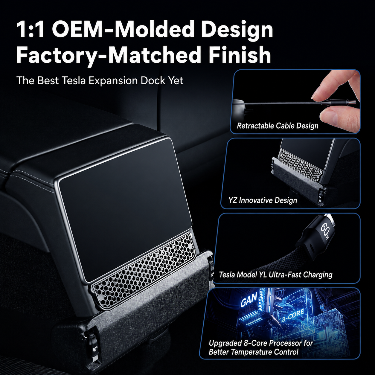 Rear Air Vent Retractable Cable Charging Dock with Aroma Diffuser for Tesla Model Y L 2025.11+