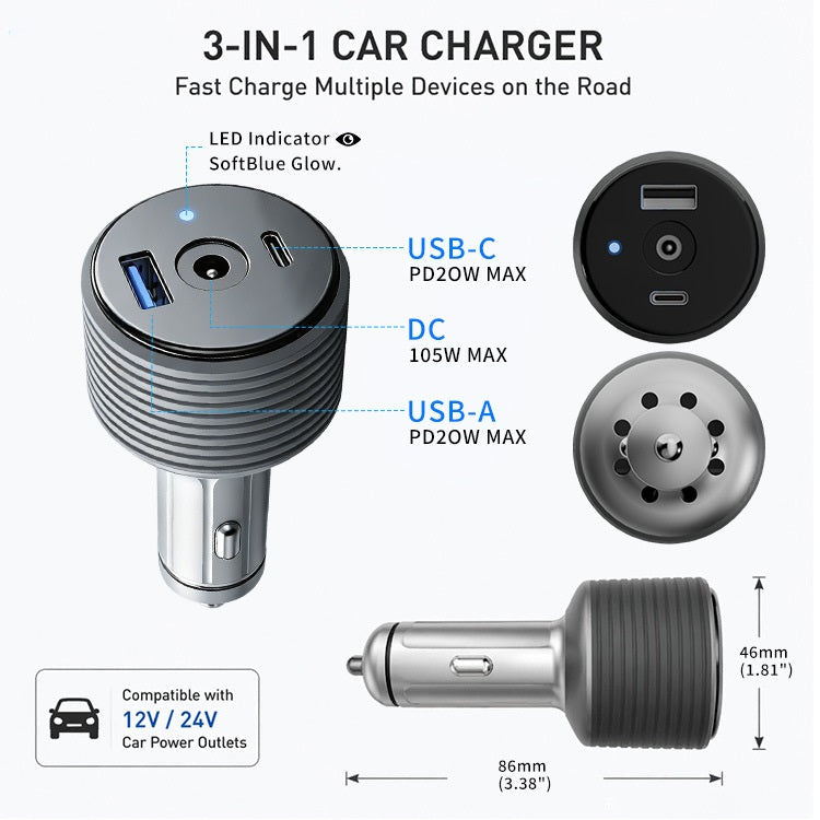 Starlink Mini 3-in-1 car charger specifications dimensions and charging ports