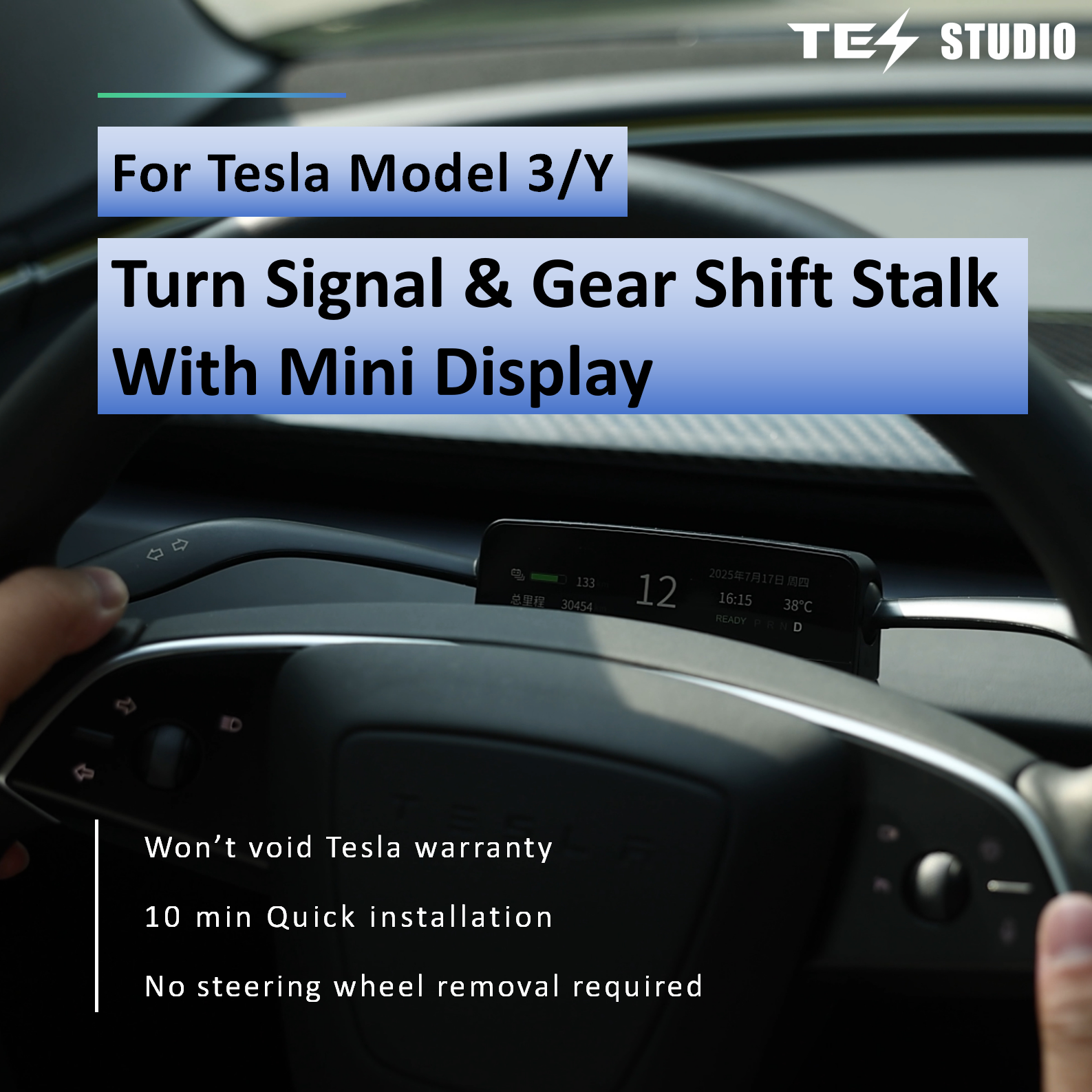 Tesstudio Turn Signal & Gear Shift Stalk With Mini Display For Tesla Model 3 Highland / Y Juniper
