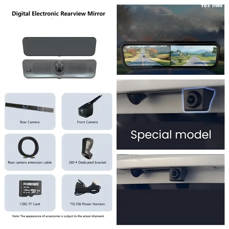 Special S82 Pro 2/4K HD 8.2Inch Streaming Rearview Mirror With BSD Special For Model Y (2024) Dual Cameras, 4K Front 2K Rear, 128GB Card