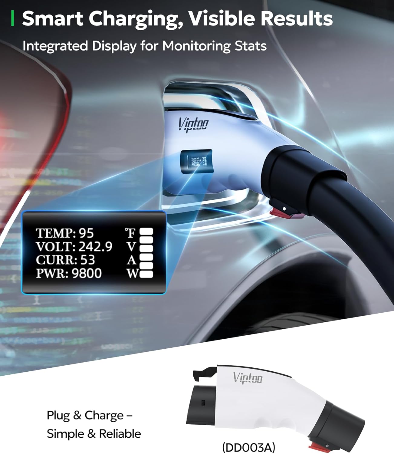 Tesla Charger Connectors Tesla to J1772 Adapter with Screen Display 60Amp 250V Converter with Press-Lock