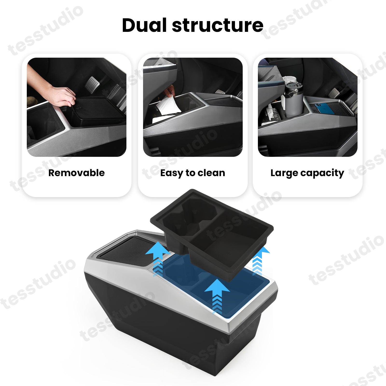 Tesla Cybertruck Center Console Multifunctional Storage Box Center Floor Organizer Armrest Organizer Front Rear Storage Box  Build-in Trash Can and Cup Holders Tesstudio®