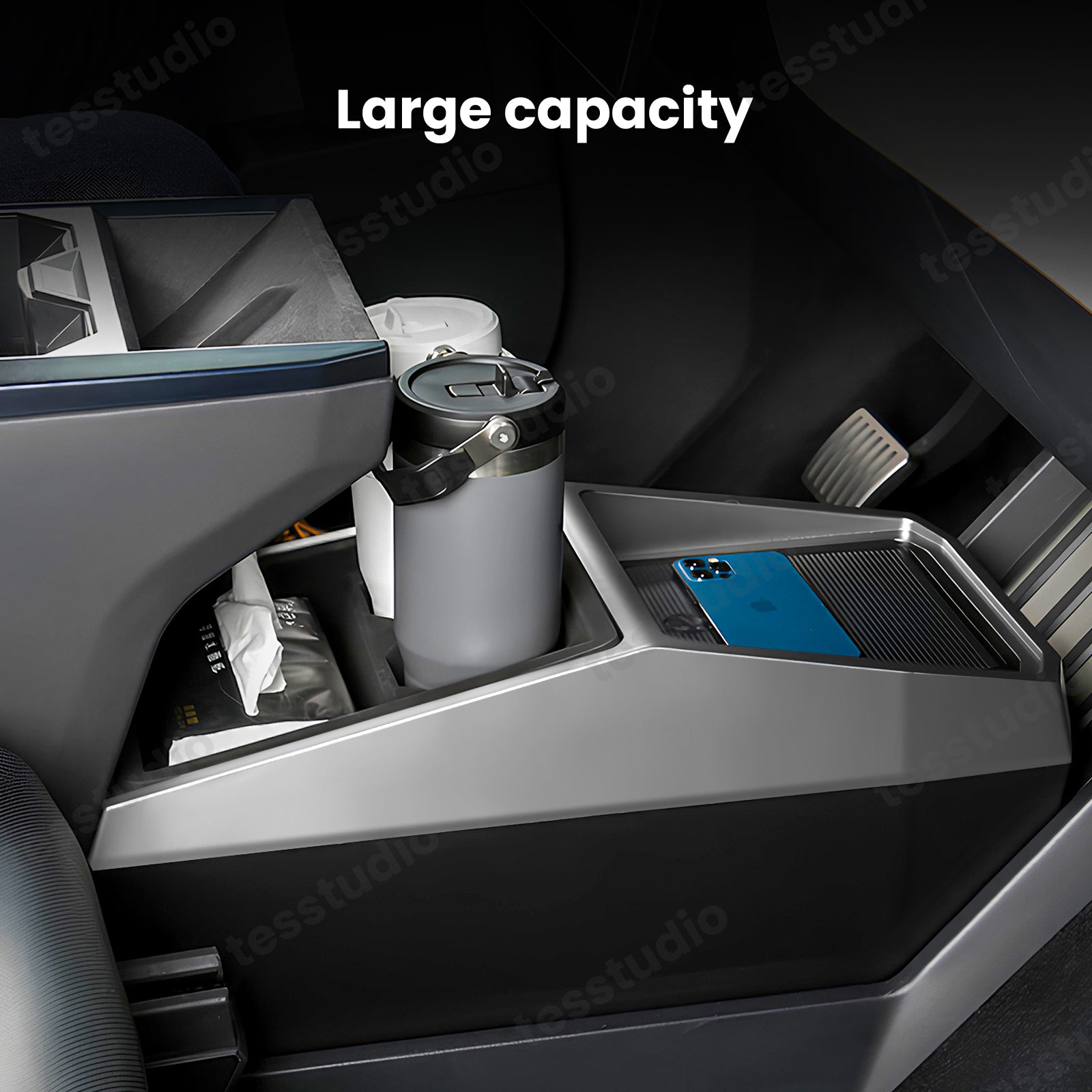 Tesla Cybertruck Center Console Multifunctional Storage Box Center Floor Organizer Armrest Organizer Front Rear Storage Box  Build-in Trash Can and Cup Holders Tesstudio®