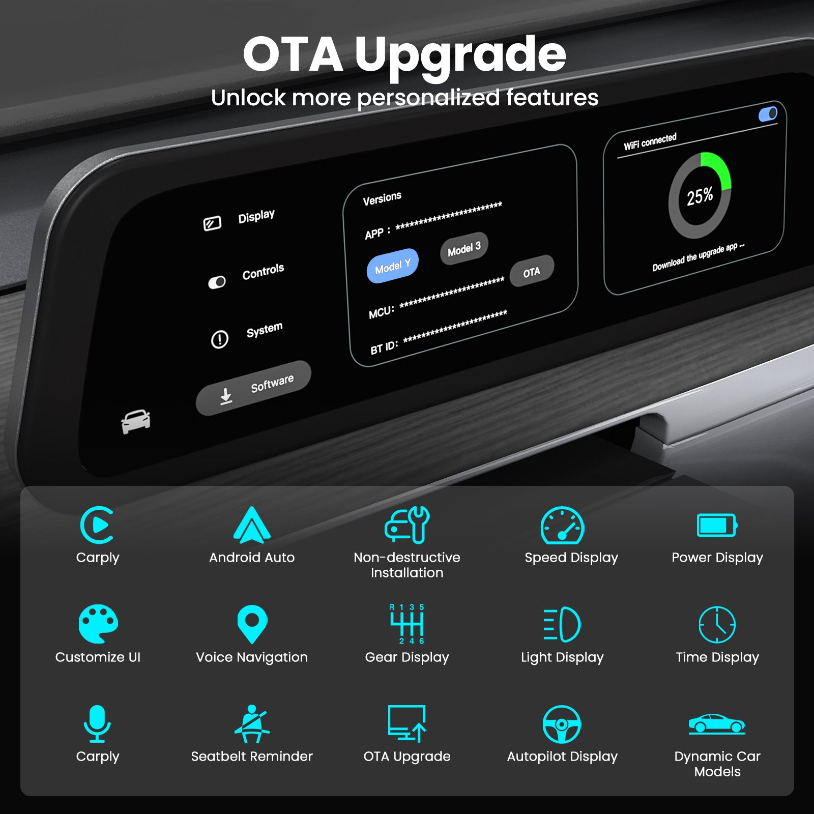 Tesla Model 3/Y F96C CarPlay Screen Dashboard Touchscreen Display Model Y Instrument Cluster Tesstudio®