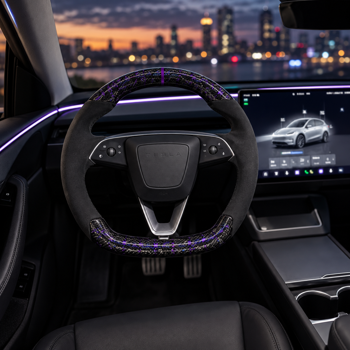 Tesla Model Y Juniper Steering Wheel Round Carbon Fiber Design Sport Styel