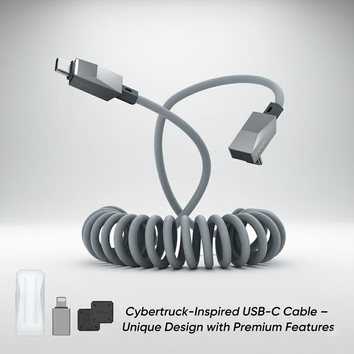 4ft (1.2m) Spring USB-C Cable for Tesla Model Y/3/X/S/Y Standard, Cybertruck-Style Accessories