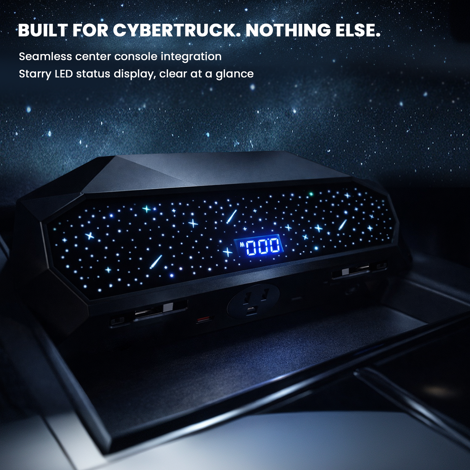 Tesstudio All-in-One USB Charger Hub with Ambient Lighting & 110V Power for Tesla Cybertruck – High-Speed Charging