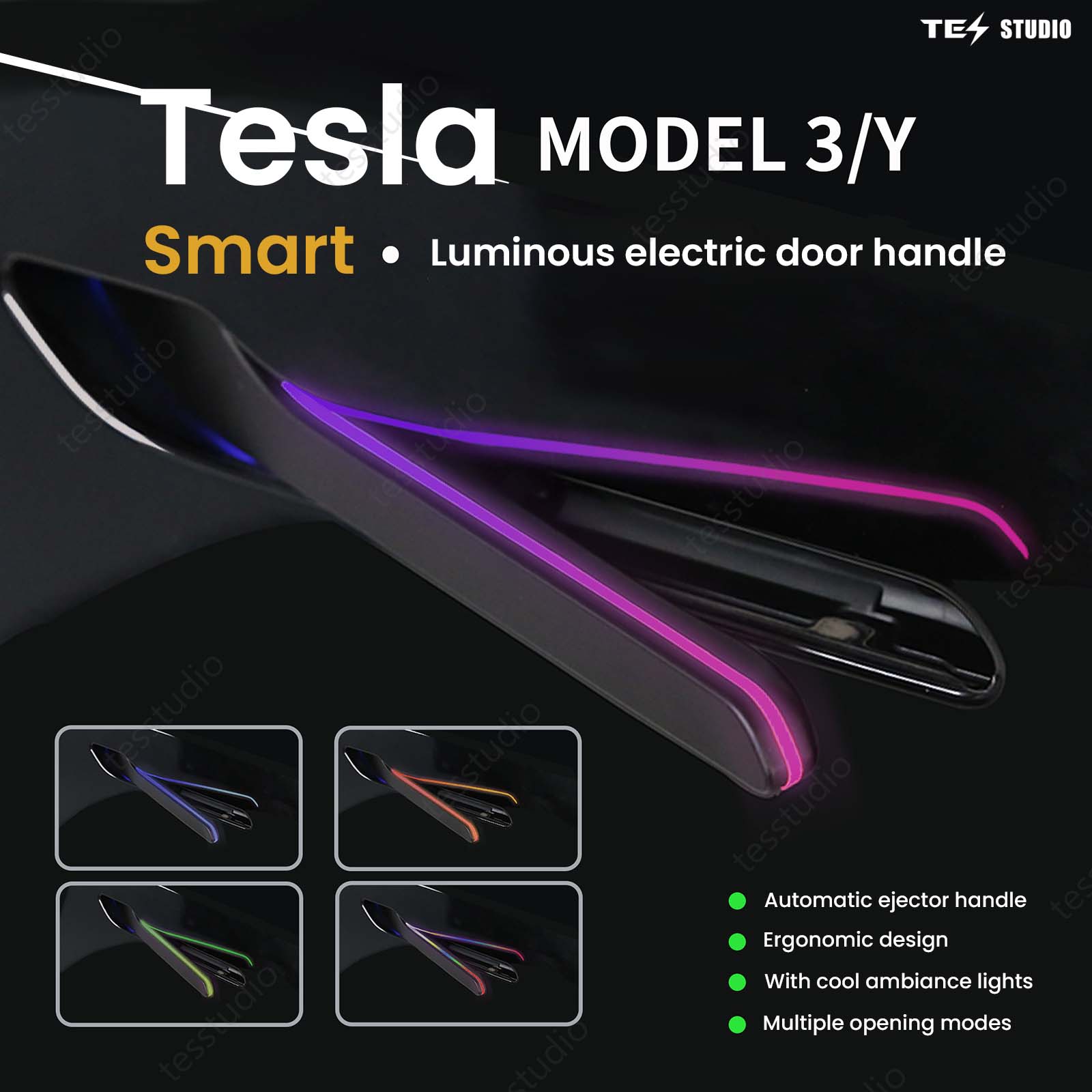 Tesstudio Auto Door Handles With Colorful LED Lights(V7) For Tesla Model 3/Y/ 3 Highland /Model Y Juniper