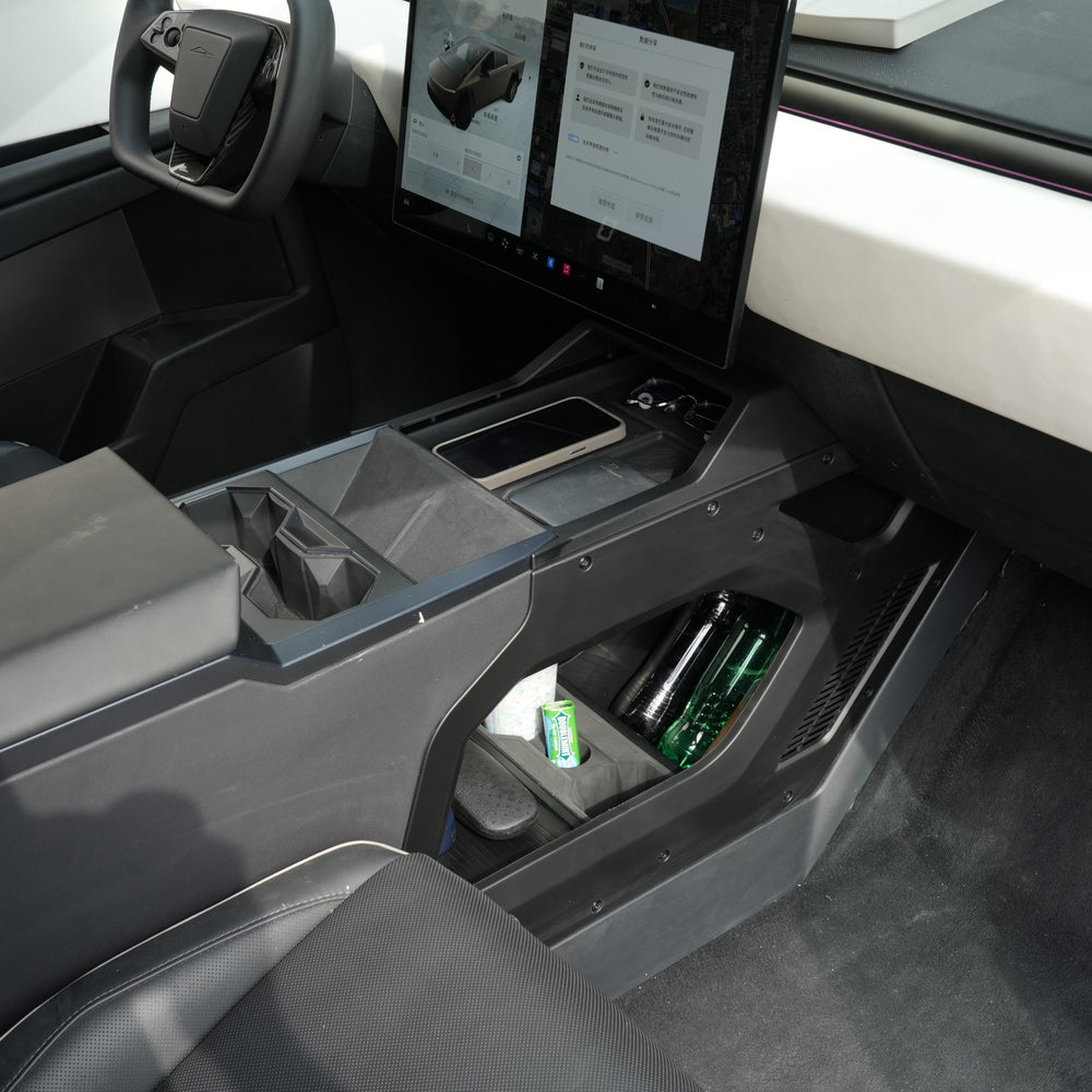 Double-layer ABS Cybertruck storage box with cup holder detail