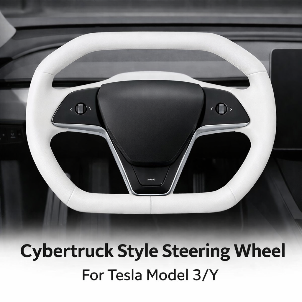 Tesstudio Cybertruck Style Steering Wheel for Tesla Model 3 & Y  Nappa White Leather Finish