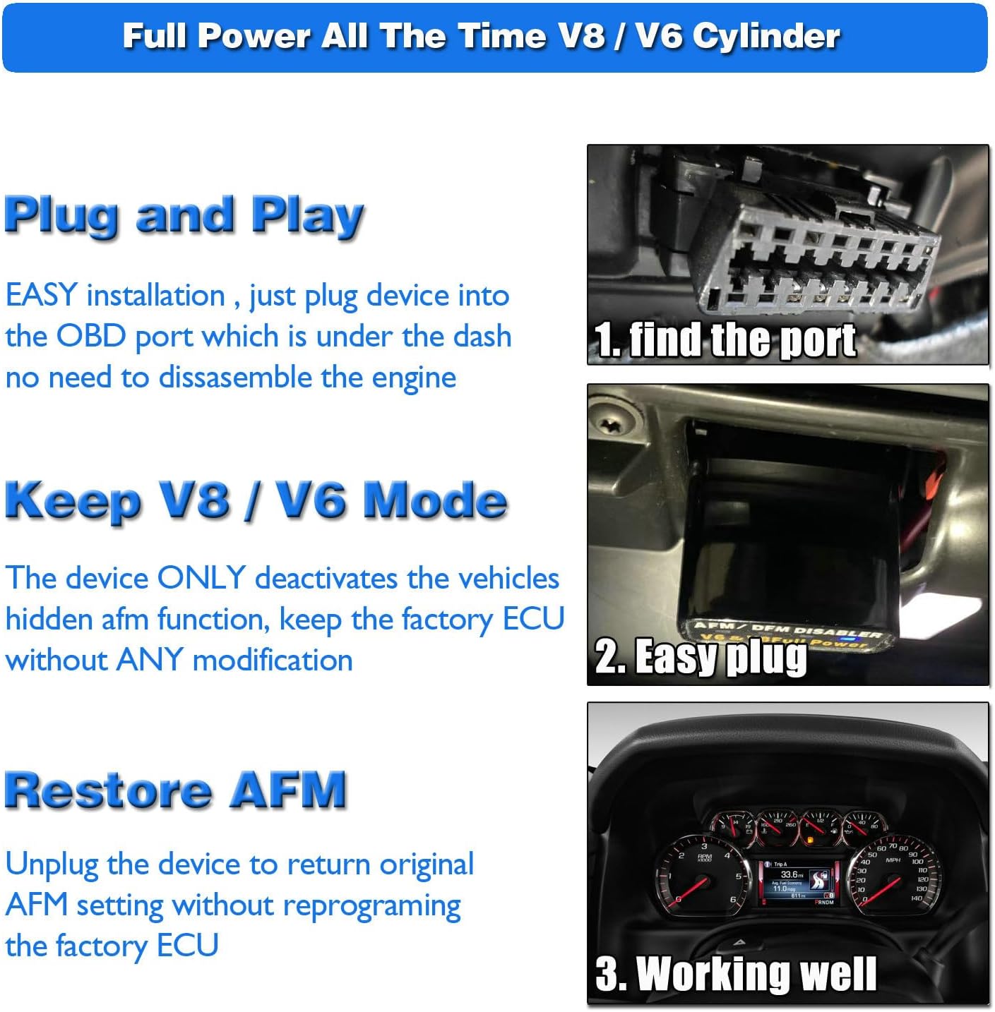 Tesstudio GM AFM/DFM Disabler Plug & Play OBD-II Module for V6/V8 Engines, No Tune Required