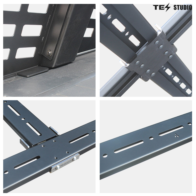 Tesstudio Overland Bed Rack For Tesla Cybertruck, Showing Bolt Joints And Reinforced Metal Parts