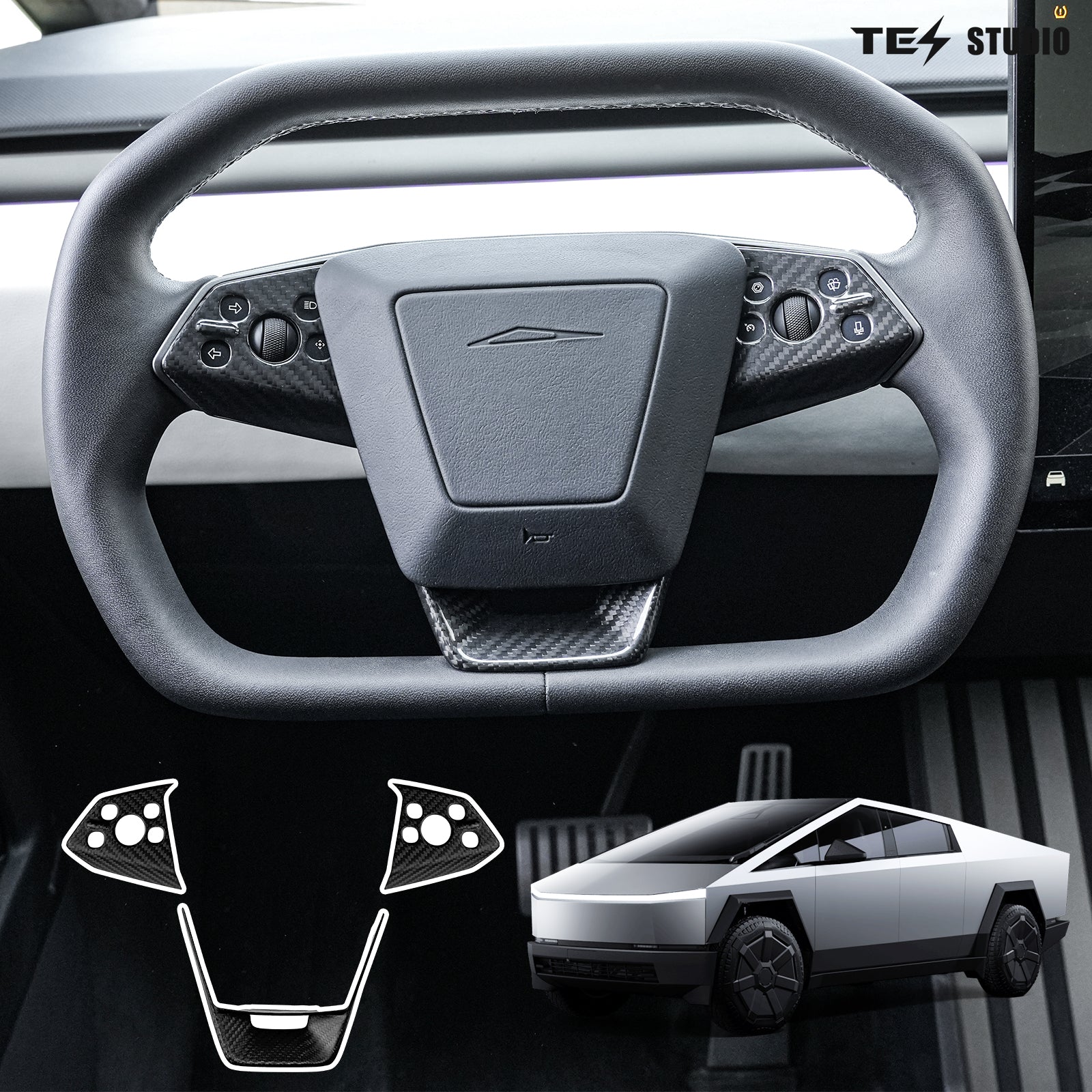 Tesstudio [Real Carbon Fiber ]Steering Wheel Panel Covers(3PCS) For Tesla Cybertruck