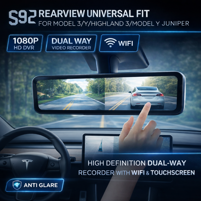 Tesstudio S92 Rearview Mirror Dash Cam for Tesla Model 3 Y Highland Juniper, 1080P HD Dual Camera with WiFi Touchscreen Anti Glare