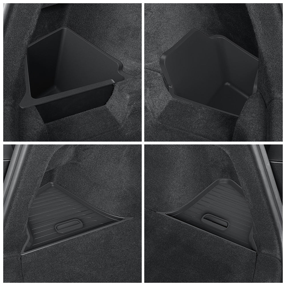 Tesla Model Y Juniper & Standard Trunk Organizer Bins | Waterproof TPE Storage with Carpeted Lids