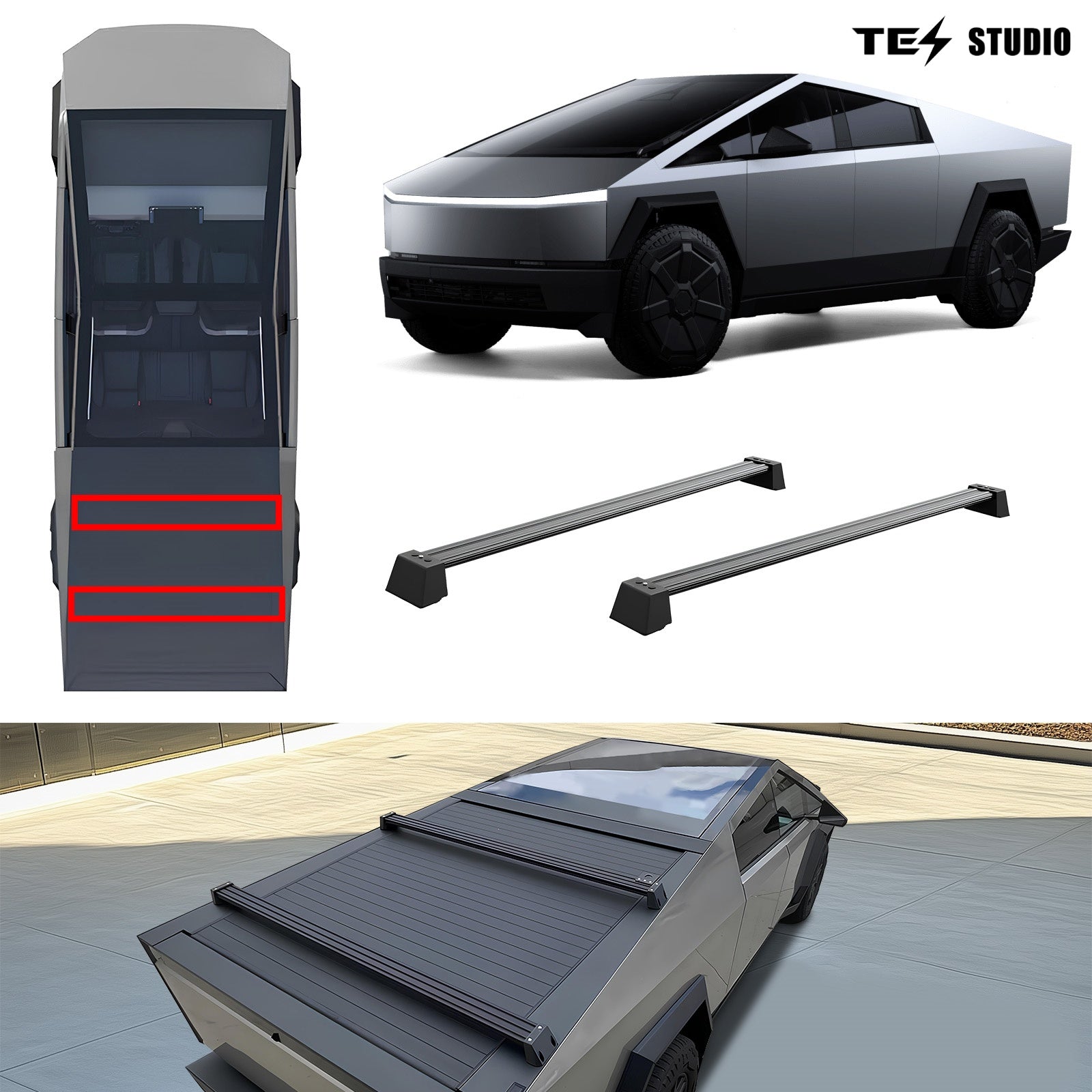 Tesla Cybertruck Accessories Crossbar Roof Rack Rooftop Off-Road Cross Bar Cargo Rack Rails Carrier Tesstudio® 