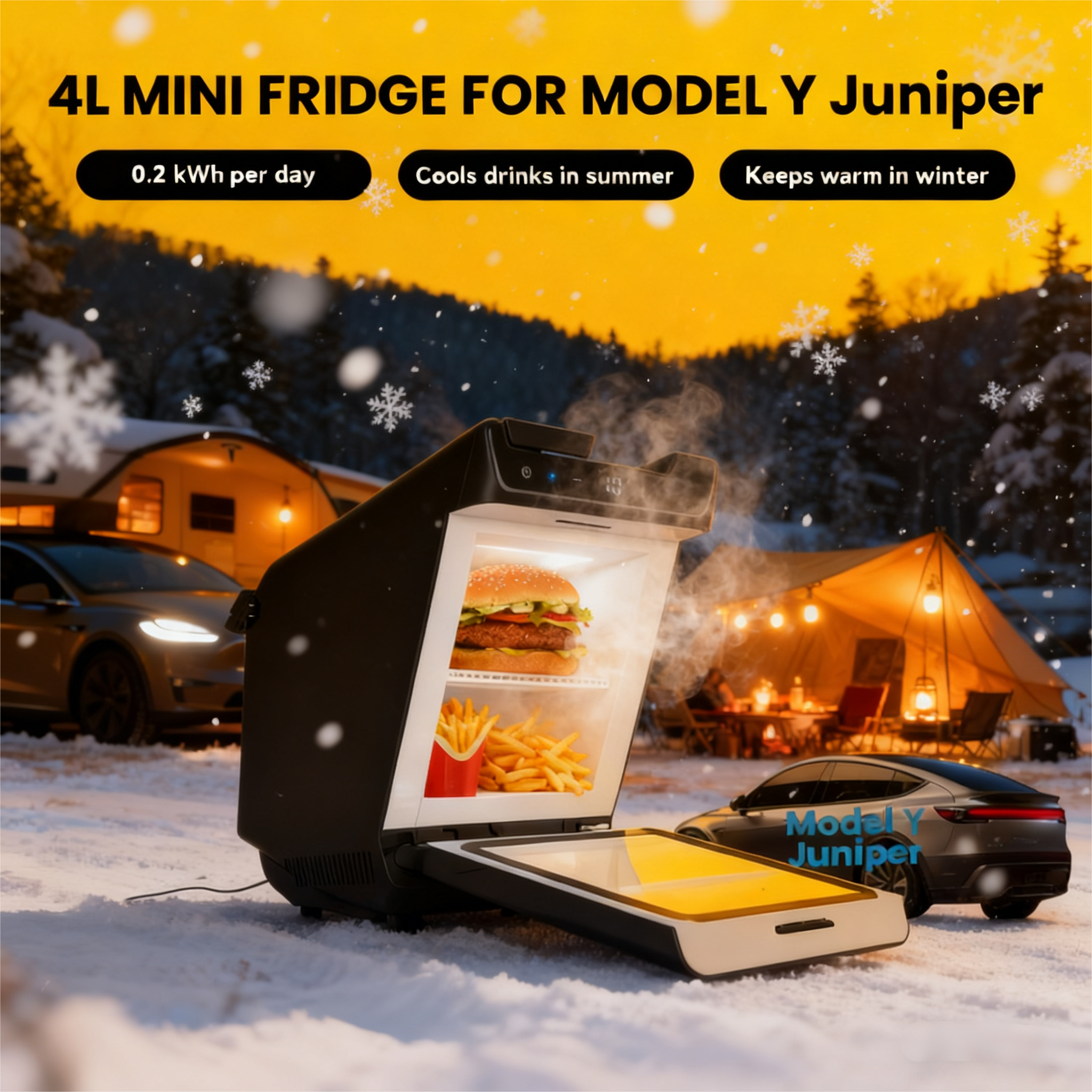 2025 2026 4L Center Console Freezer For Tesla Model Y Juniper (2025.3+) Refrigerator | Winter Warm Foods