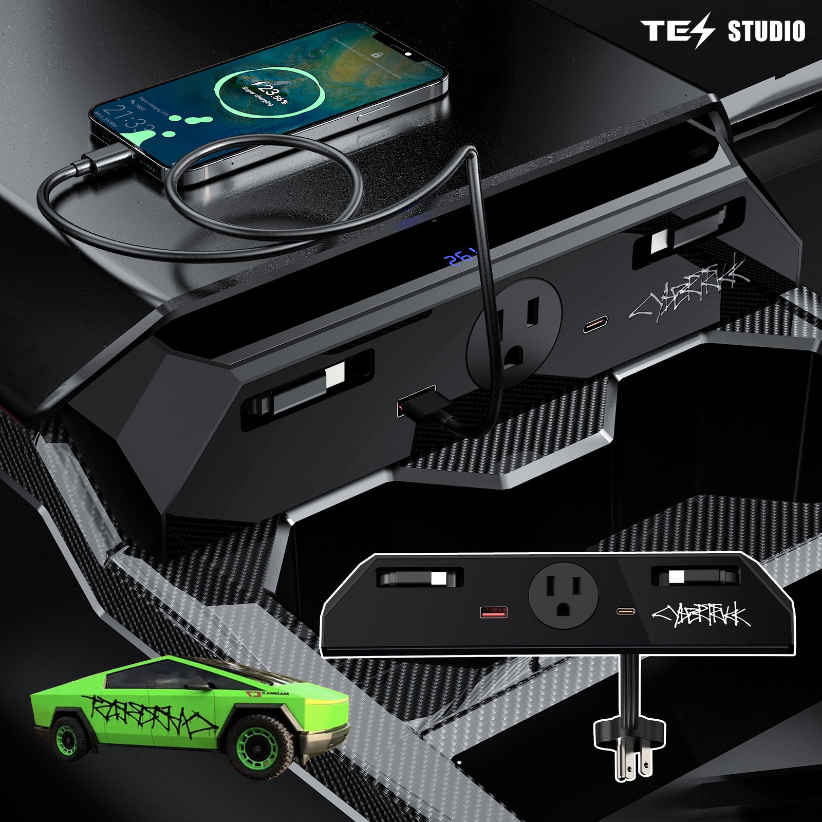 Tesla Cybertruck Docking Drawer Blade In-Drawer Outlet With 110v AC Tesla Cybertruck Accessories Tesstudio®