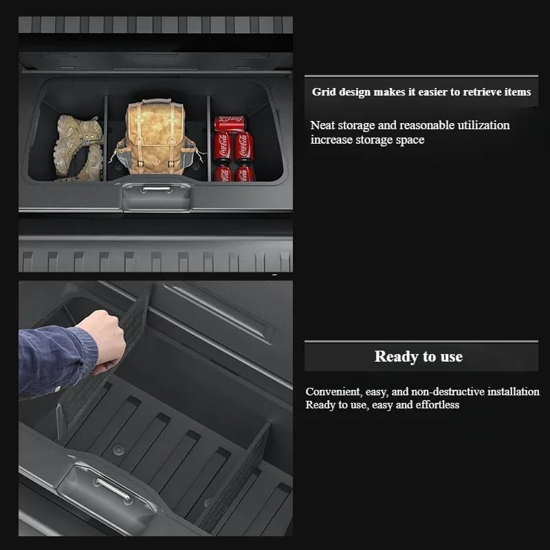 Cybertruck under-bed organizer dividers separating gear with easy no-drill installation