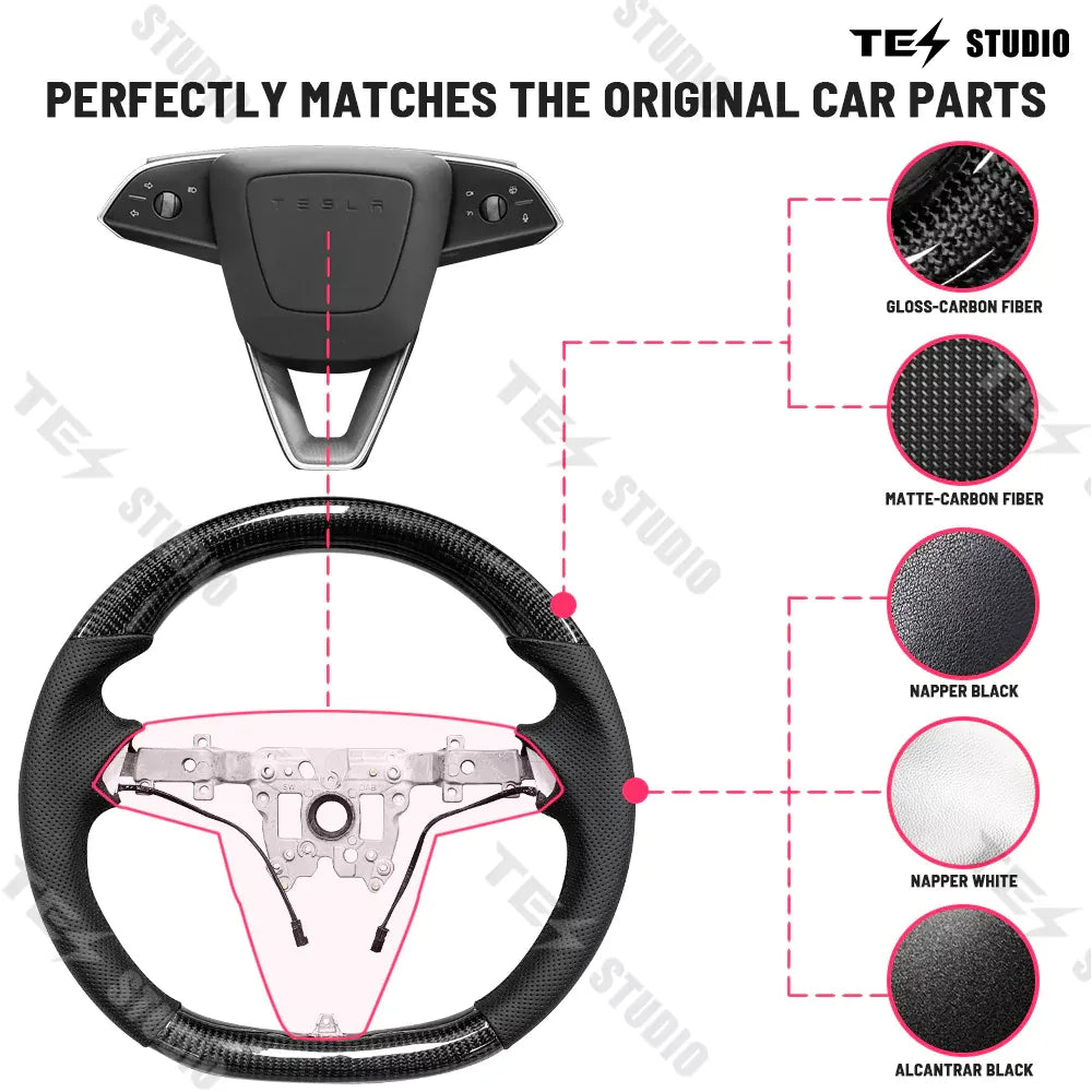 Model 3 Highland Round Carbon Fiber Design Sport Steering Wheel Tesstudio®