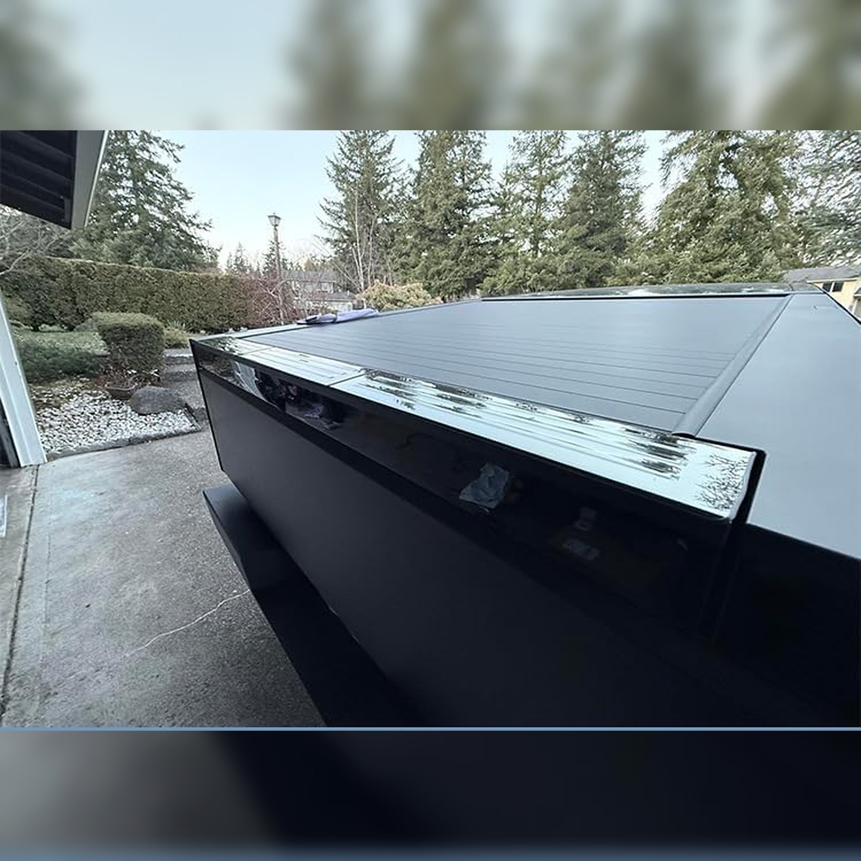 Full rear view of Cybertruck tailgate guard installed on the cargo edge