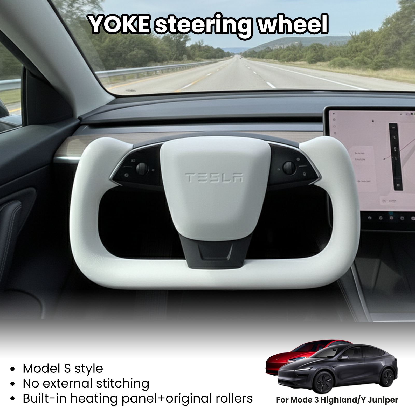 Tesstudio Model 3 Highland / Y junpier Premium Nappa Leather Yoke Steering Wheel V2