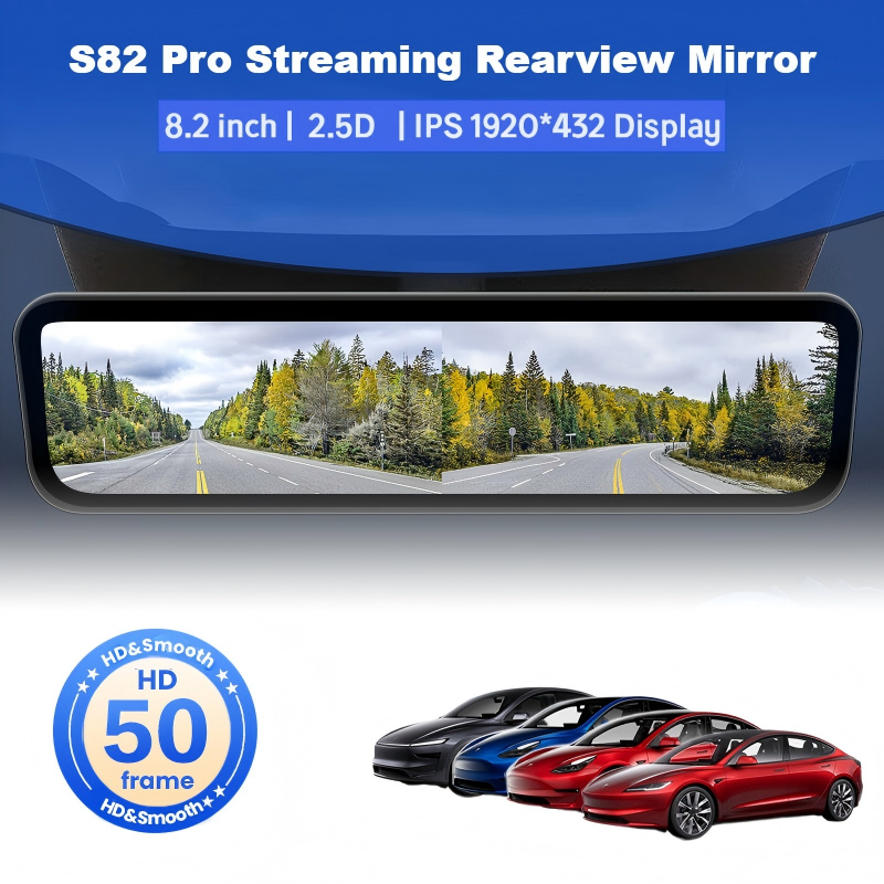 S82 Pro 2/4K HD  8.2Inch Streaming Rearview Mirror For Tesla Model 3/3 Highland/ Y / Y Juniper